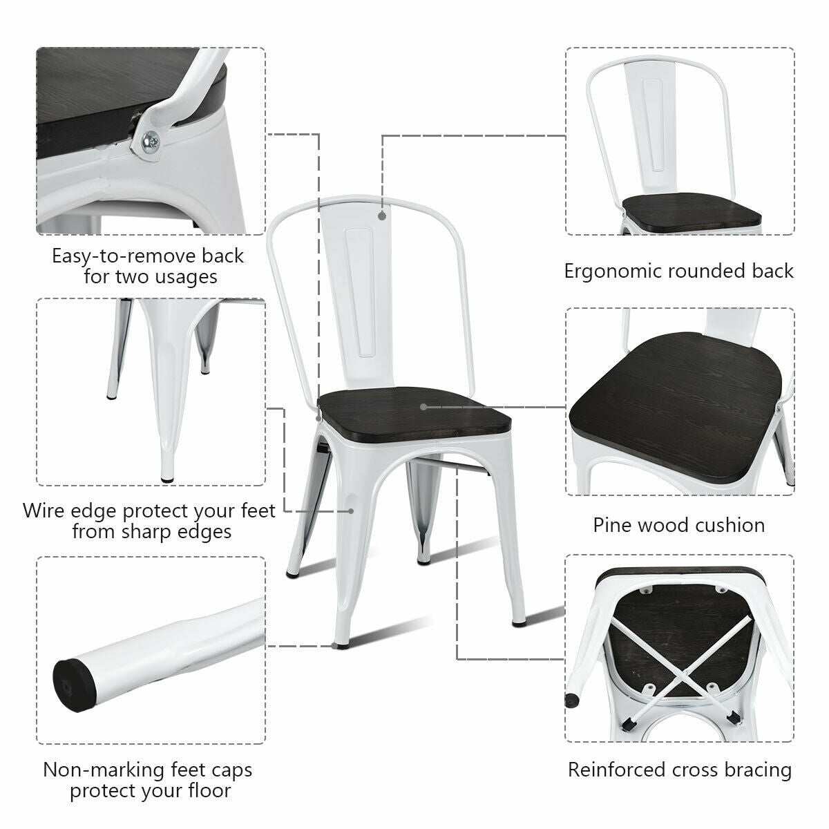 4 Pieces Tolix Style Metal Dining Side Chair Stackable Wood Seat
