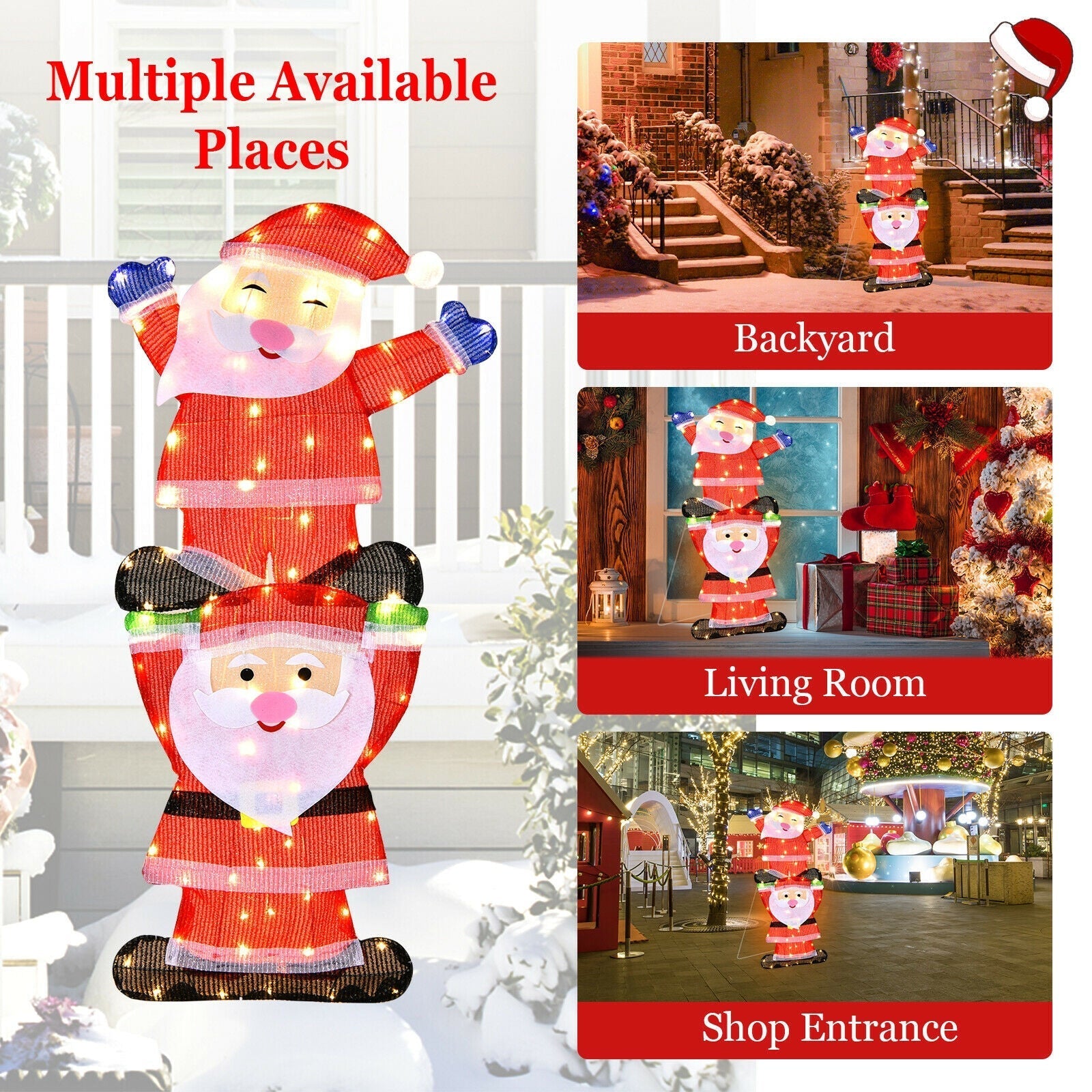 LED Double Santa Yard Christmas Decoration with String Lights and Stakes