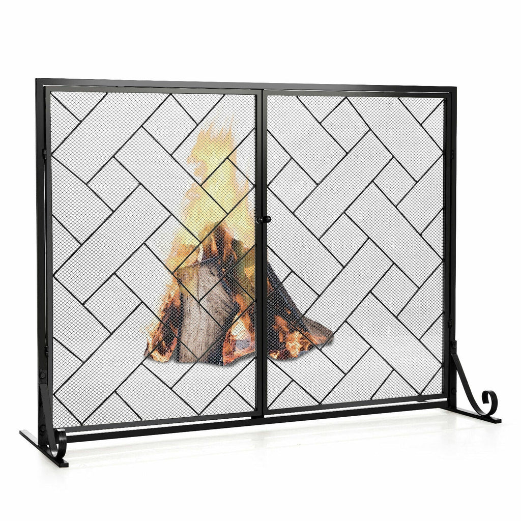 2-Panel Fireplace Screen Folding Metal Fire Place Safety Fence with Magnetic Doors