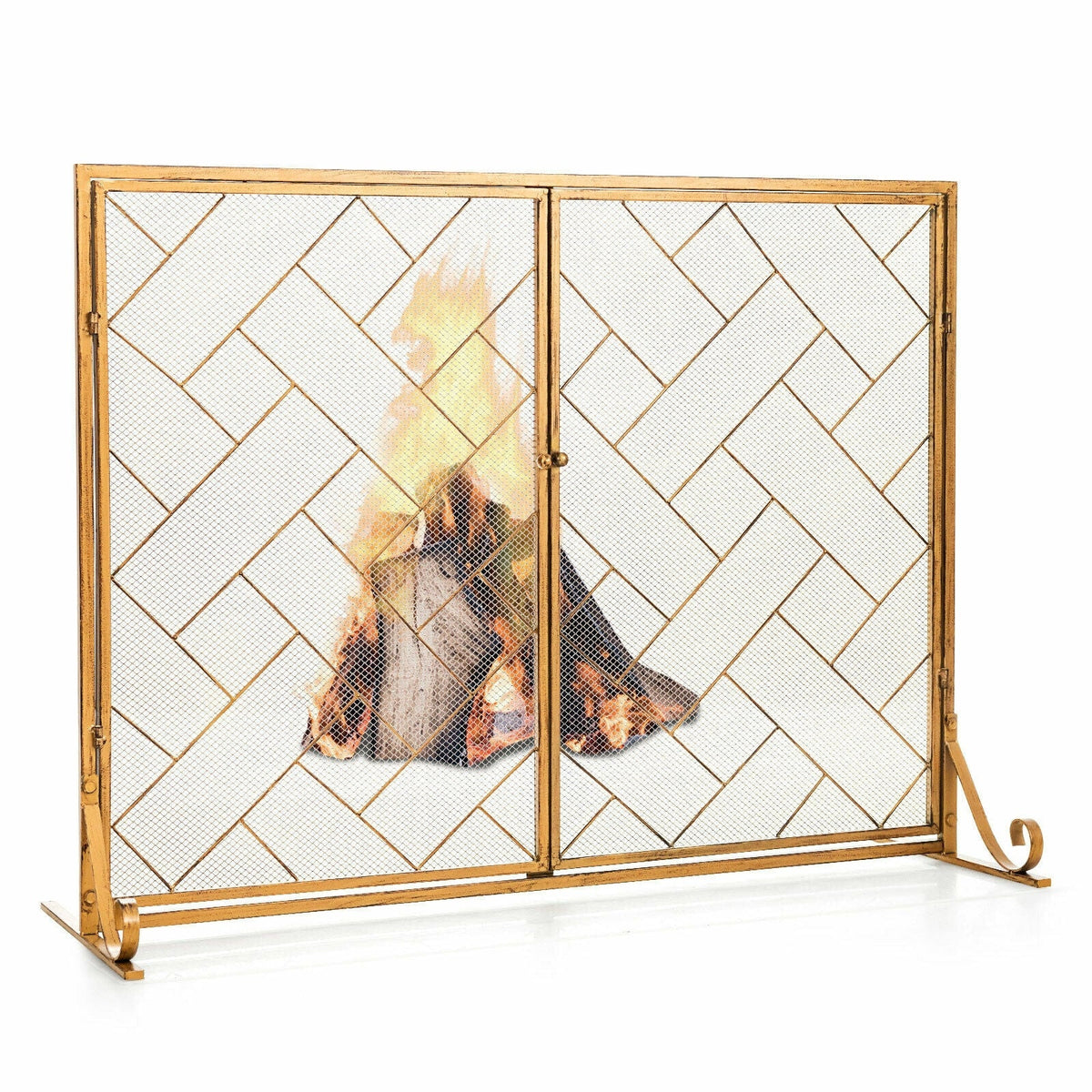 2-Panel Fireplace Screen Folding Metal Fire Place Safety Fence with Magnetic Doors