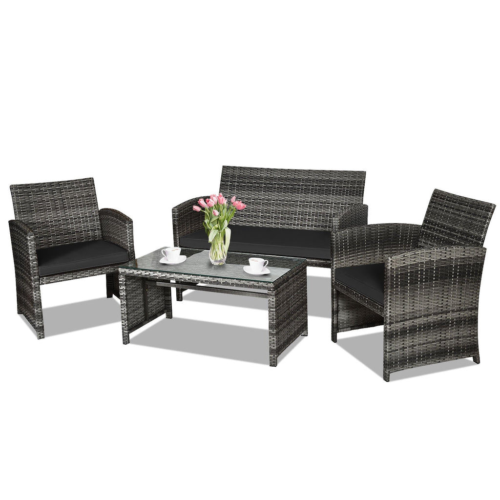 4 Pieces Patio Rattan Furniture Set with Glass Table and Loveseat-Gray