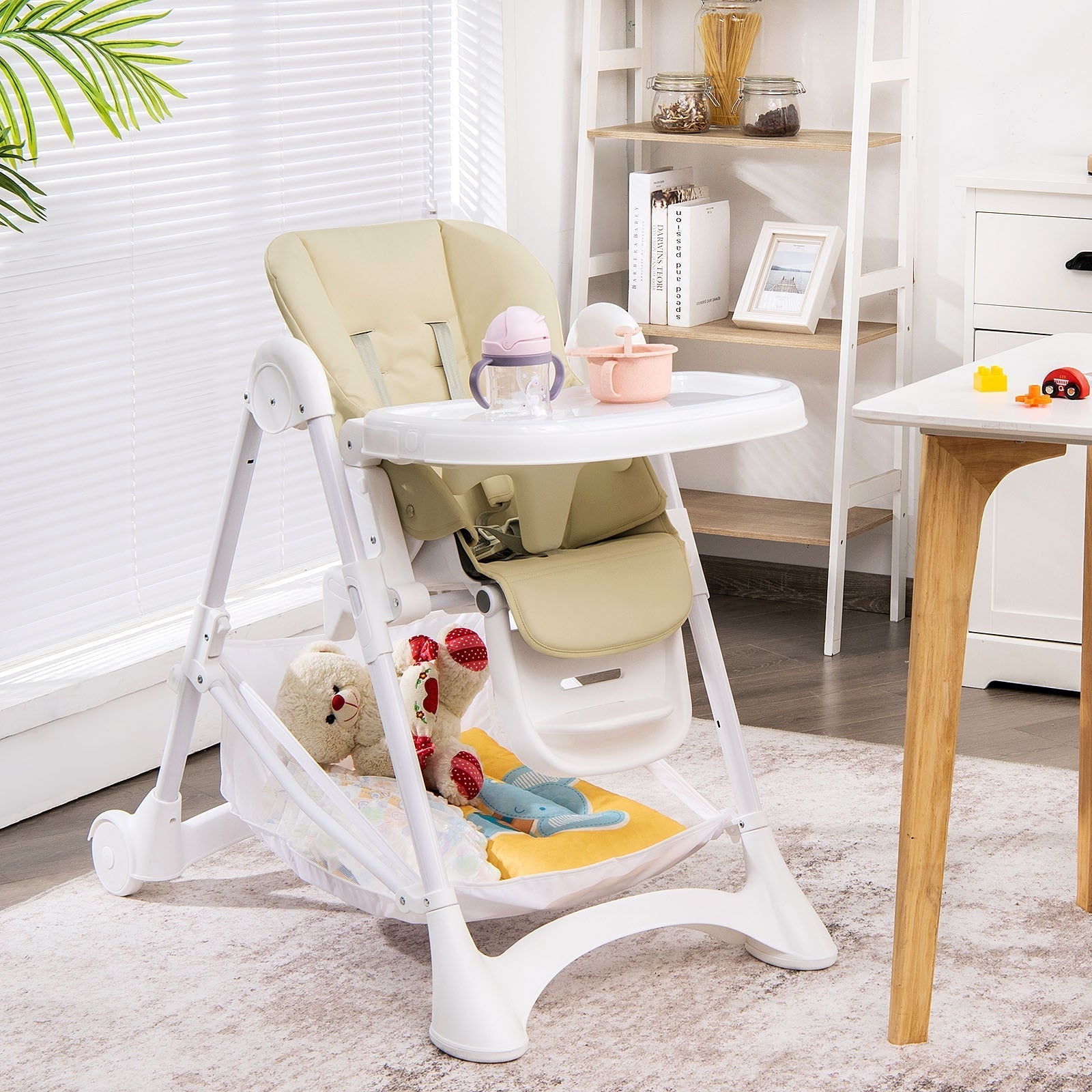 Baby Convertible Folding Adjustable High Chair with Wheel Tray Storage Basket