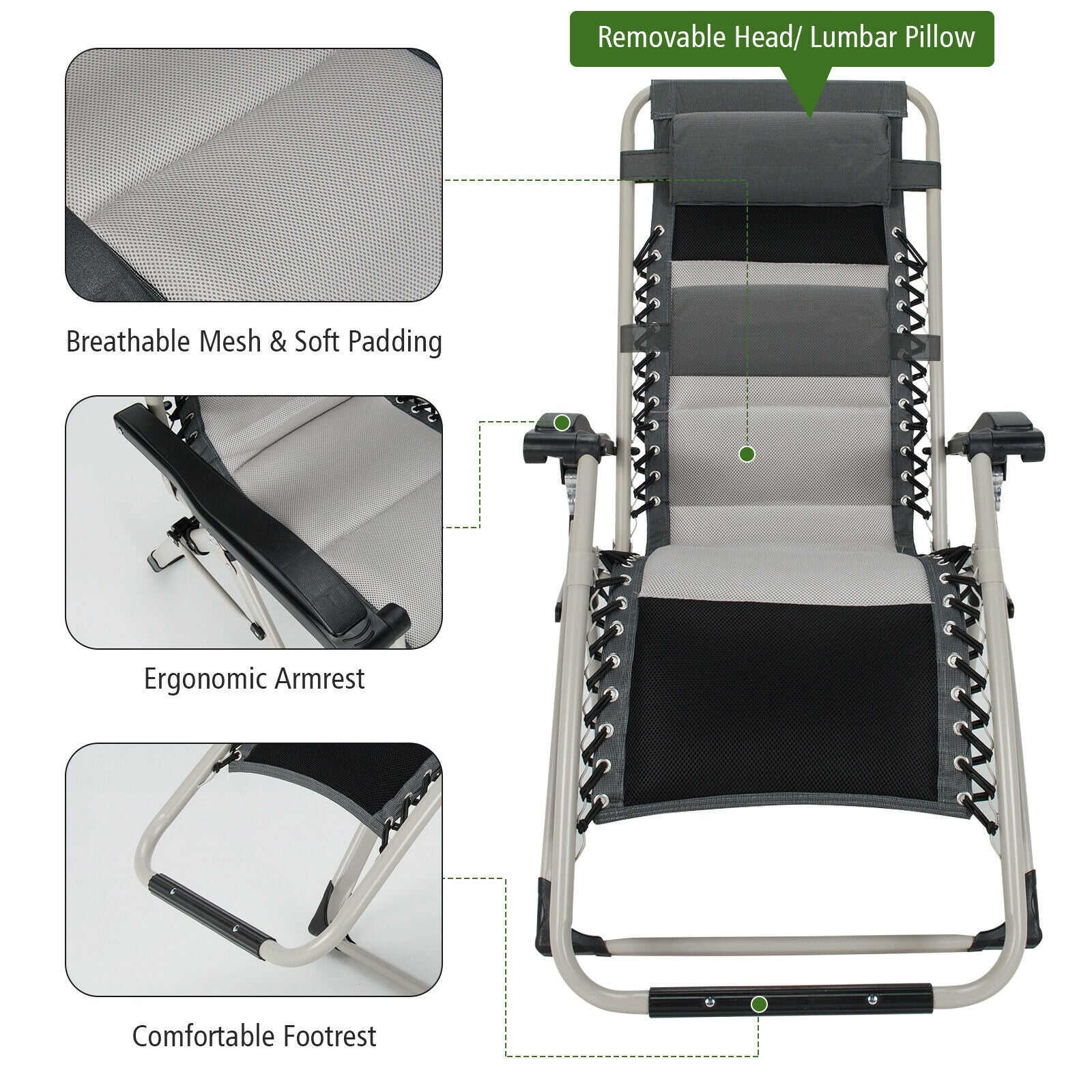 2 Pieces Adjustable Padded Lounge Recliner with Removable Head Pillow-Black