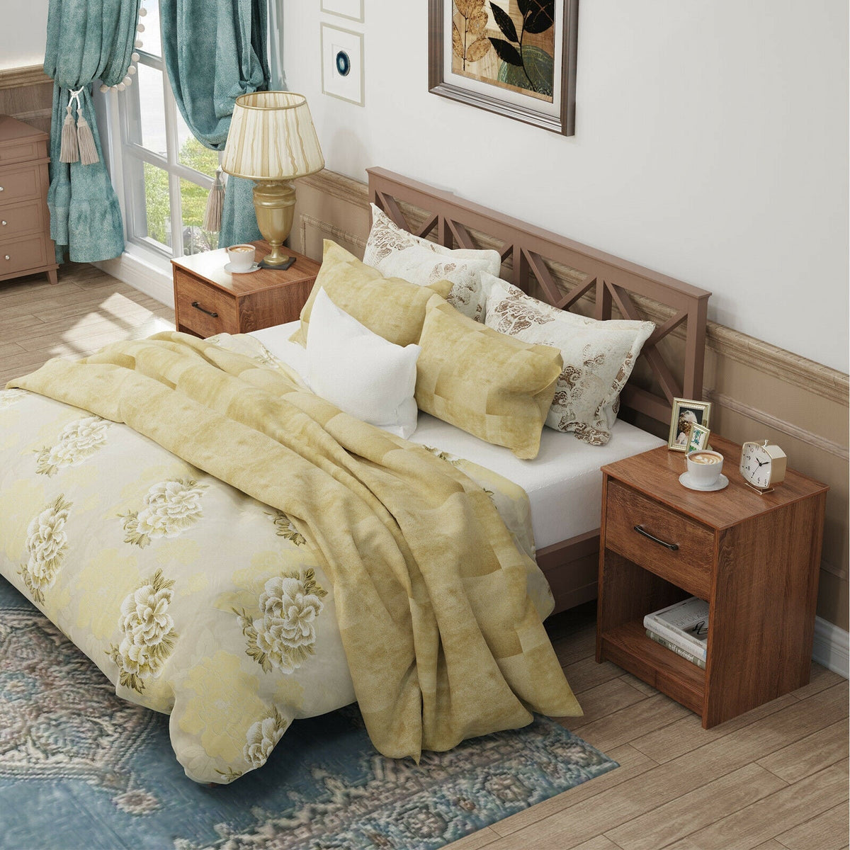 Wooden Nightstand with Drawer and Open Storage Compartment