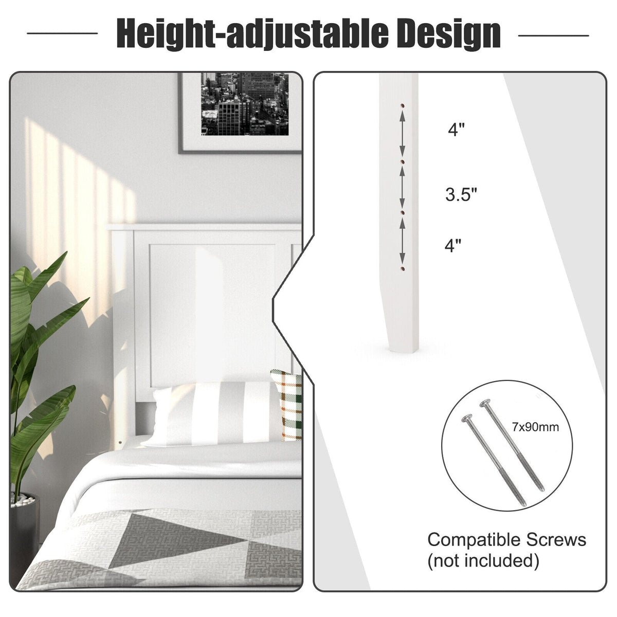 Full Wood Headboard Flat Panel with Pre-drilled Holes and Height Adjustment