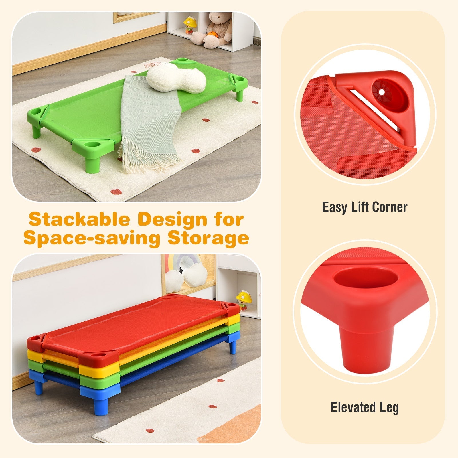 Pack of 4 Colorful Kids Stackable Naptime Cot