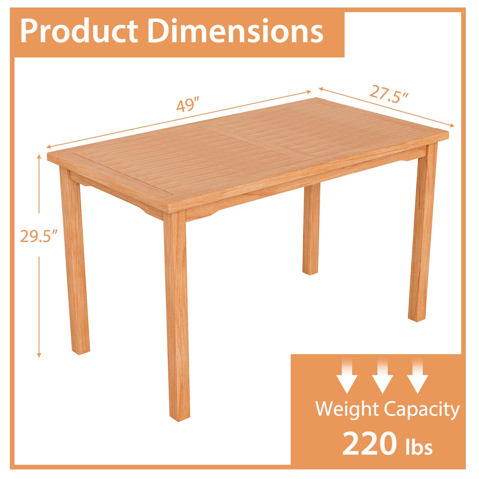 49 Inch Rectangle Patio Indonesia Teak Wood Dining Table with Slatted Tabletop Up to 6