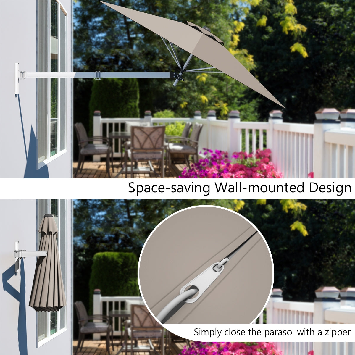 8ft Wall-Mounted Telescopic Folding Tilt Sun Shade Umbrella