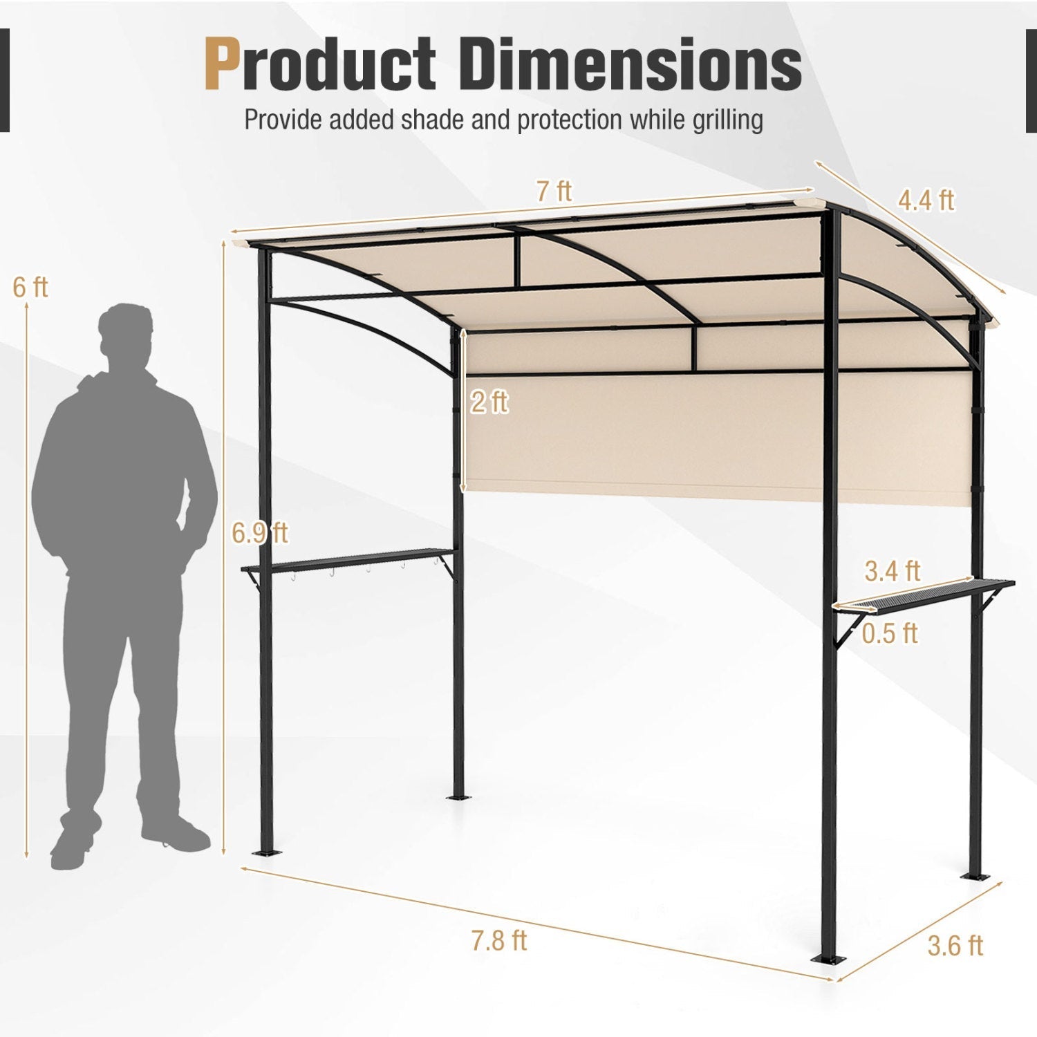 BBQ Grill Canopy 7.8 x 4.4 FT with Shelves and Sidewall