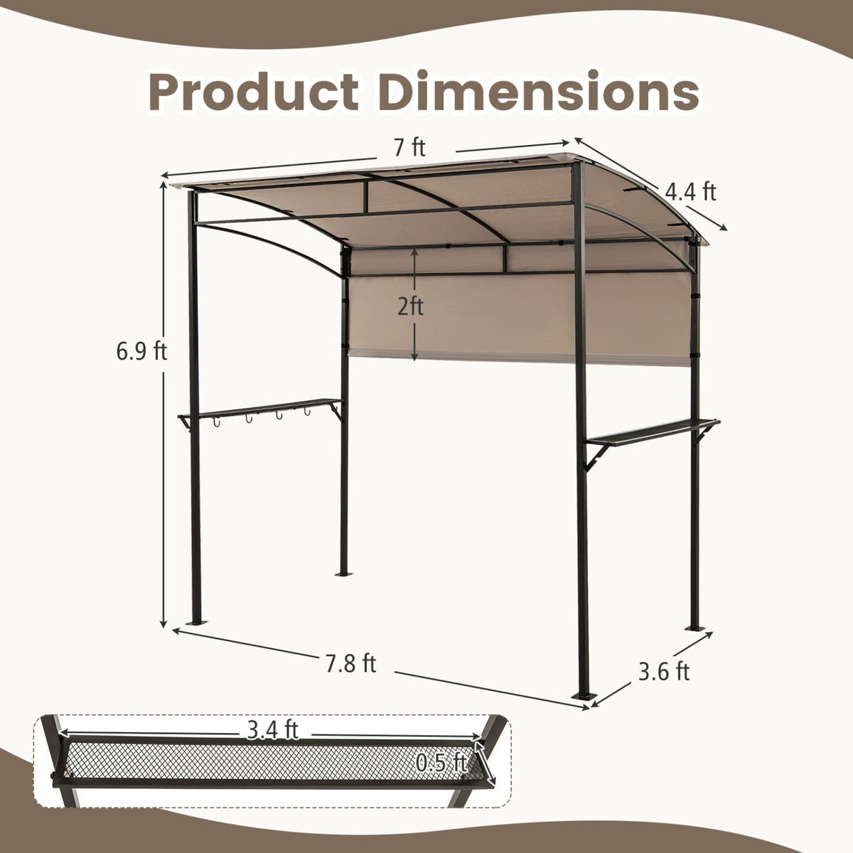 BBQ Grill Canopy 7.8 x 4.4 FT with Shelves and Sidewall