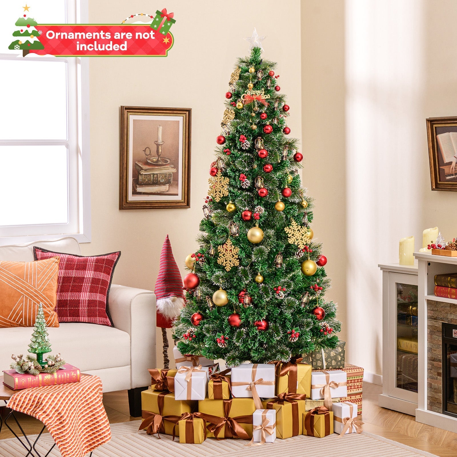 5/6/7 Feet Artificial Christmas Tree with Red Berries and Kerosene Lamps