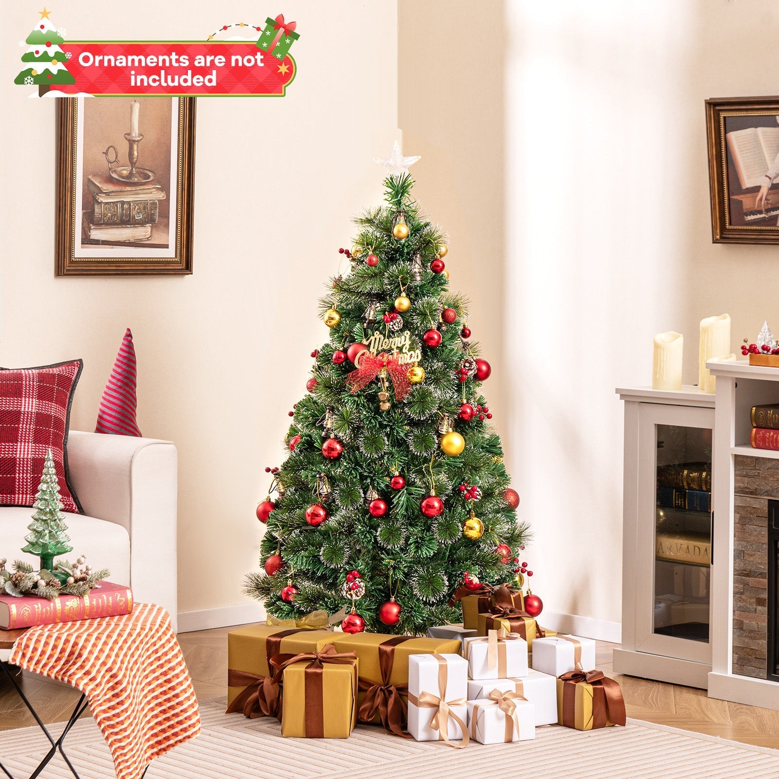 5/6/7 Feet Artificial Christmas Tree with Red Berries and Kerosene Lamps