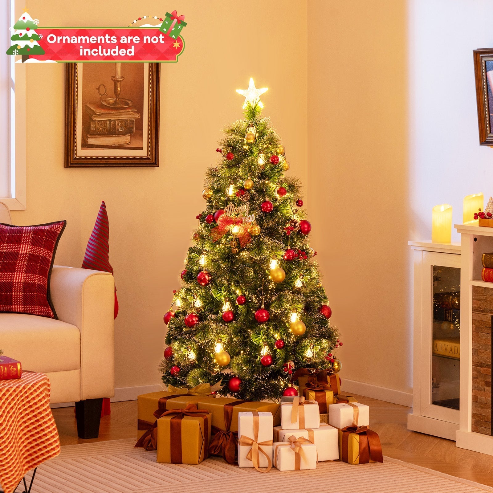 5/6/7 Feet Artificial Christmas Tree with Red Berries and Kerosene Lamps