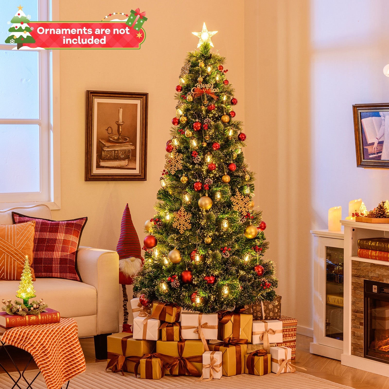 5/6/7 Feet Artificial Christmas Tree with Red Berries and Kerosene Lamps