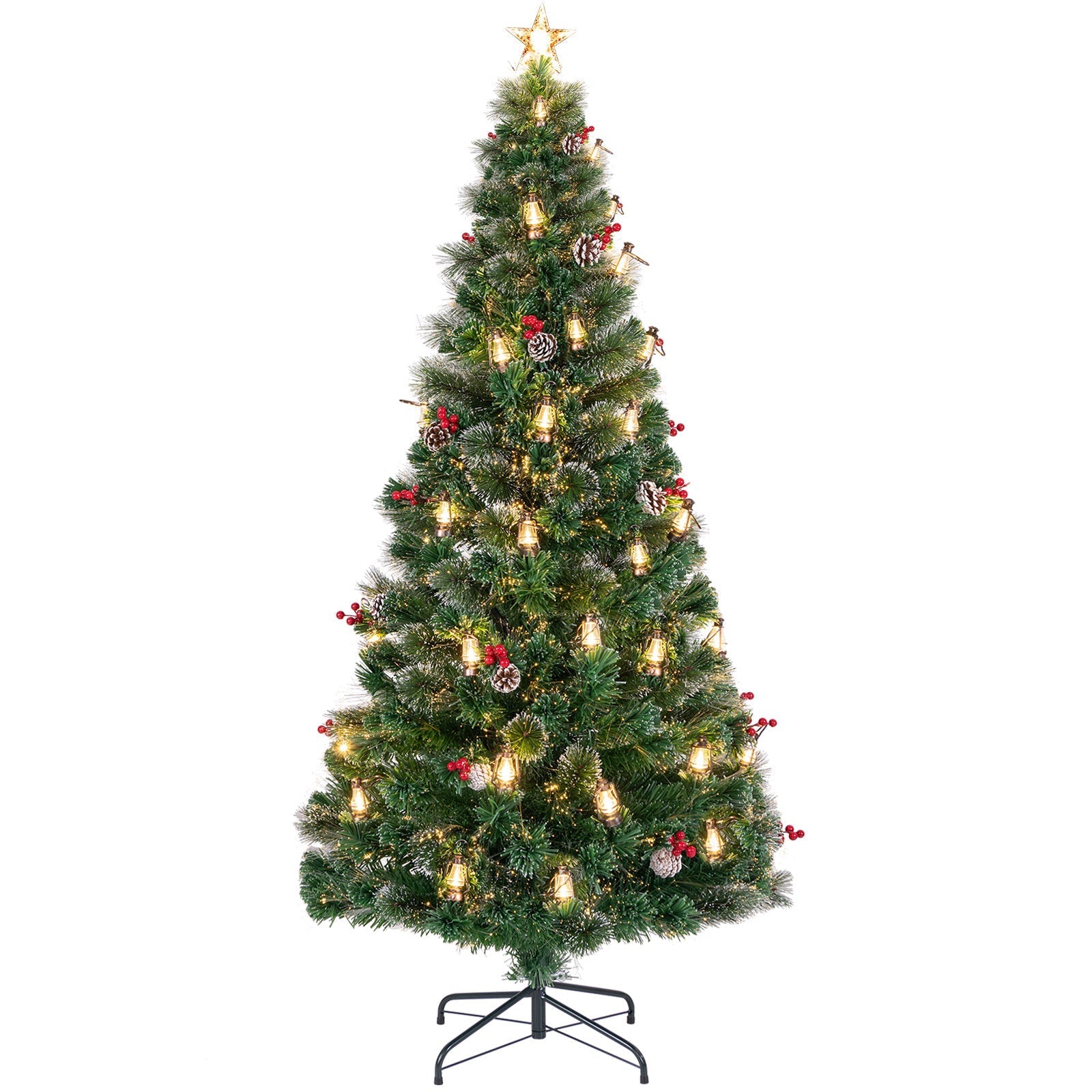5/6/7 Feet Artificial Christmas Tree with Red Berries and Kerosene Lamps