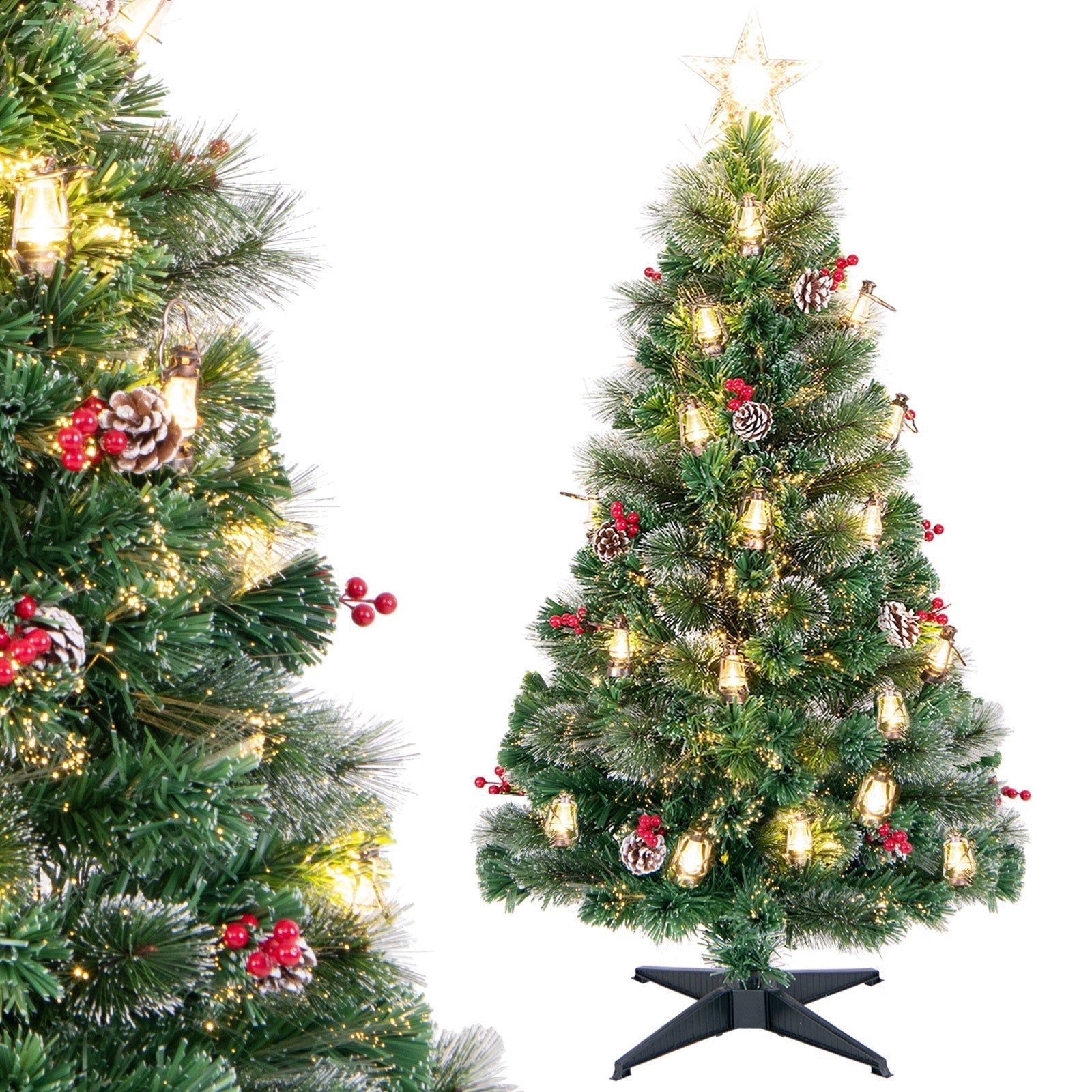 5/6/7 Feet Artificial Christmas Tree with Red Berries and Kerosene Lamps