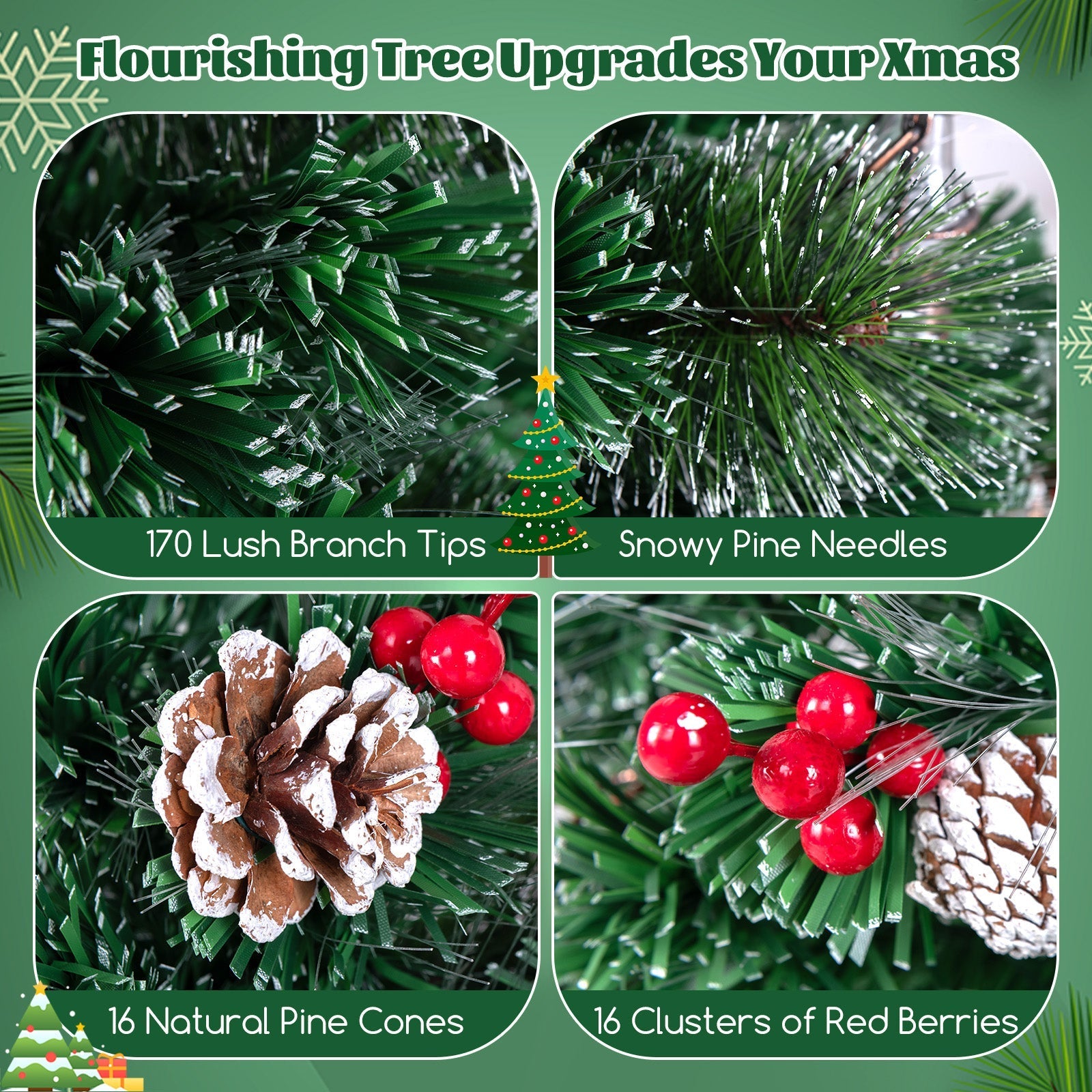5/6/7 Feet Artificial Christmas Tree with Red Berries and Kerosene Lamps