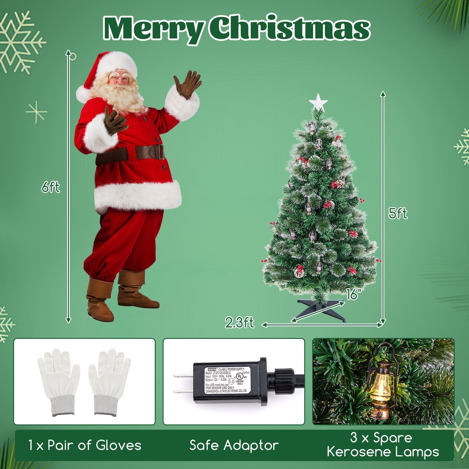 5/6/7 Feet Artificial Christmas Tree with Red Berries and Kerosene Lamps
