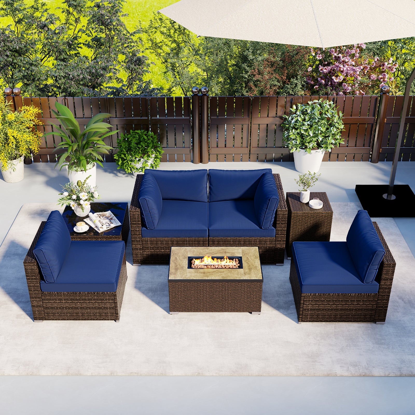 7 Pieces Outdoor Furniture Set with 32 Inch Fire Pit Table and Propane Tank Cover