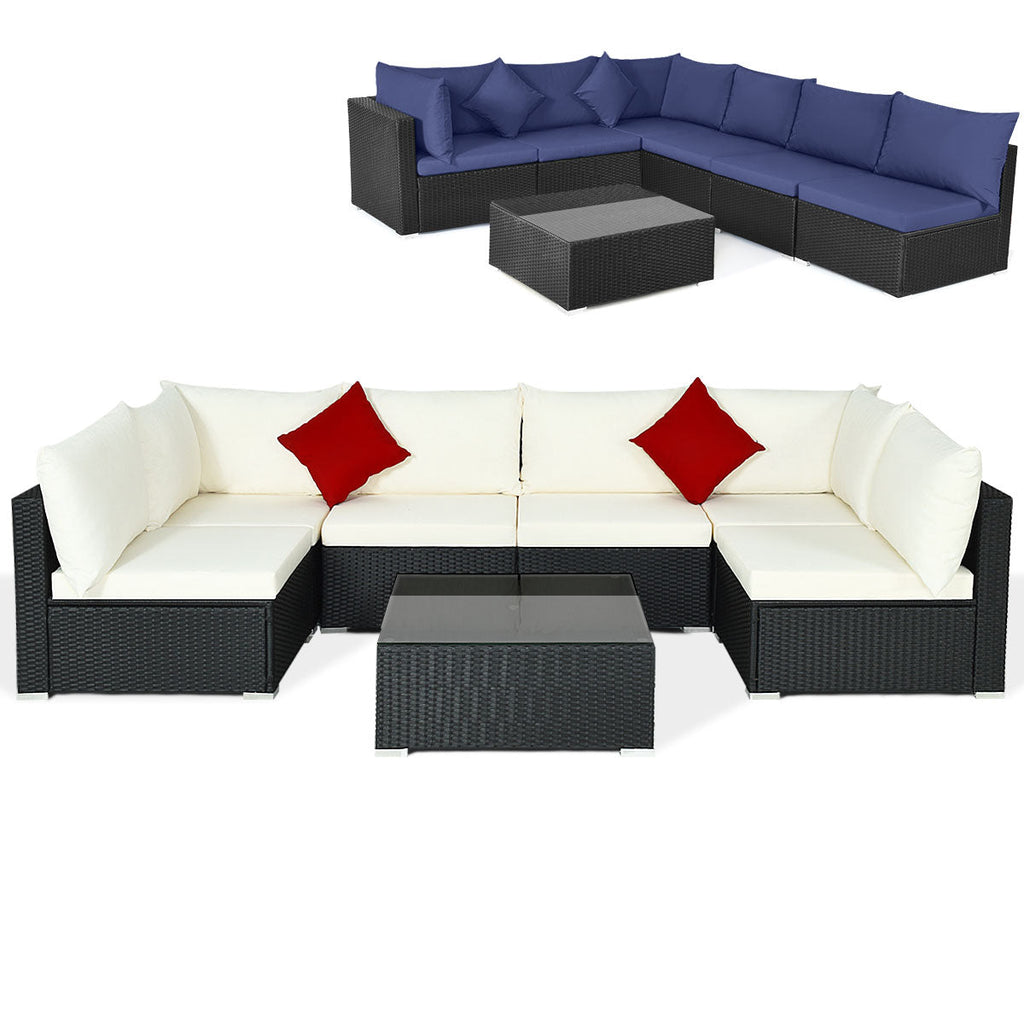 7 Pieces Sectional Wicker Furniture Sofa Set with Tempered Glass Top-Red