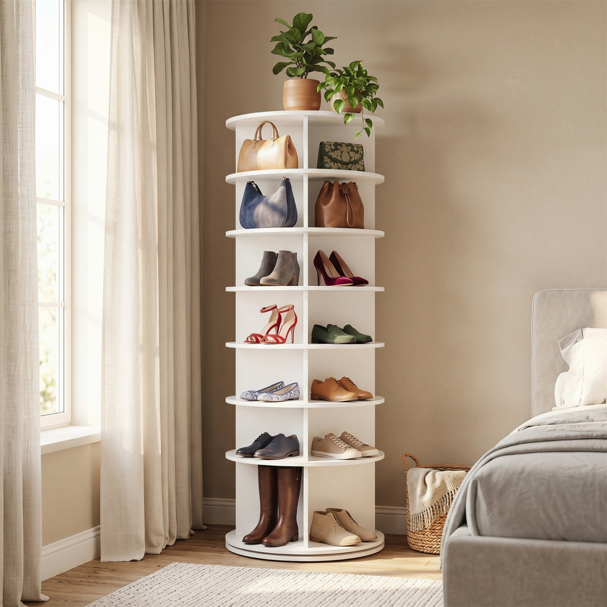 7-Tier Rotating Shoe Rack Tower with 360° Spin - White