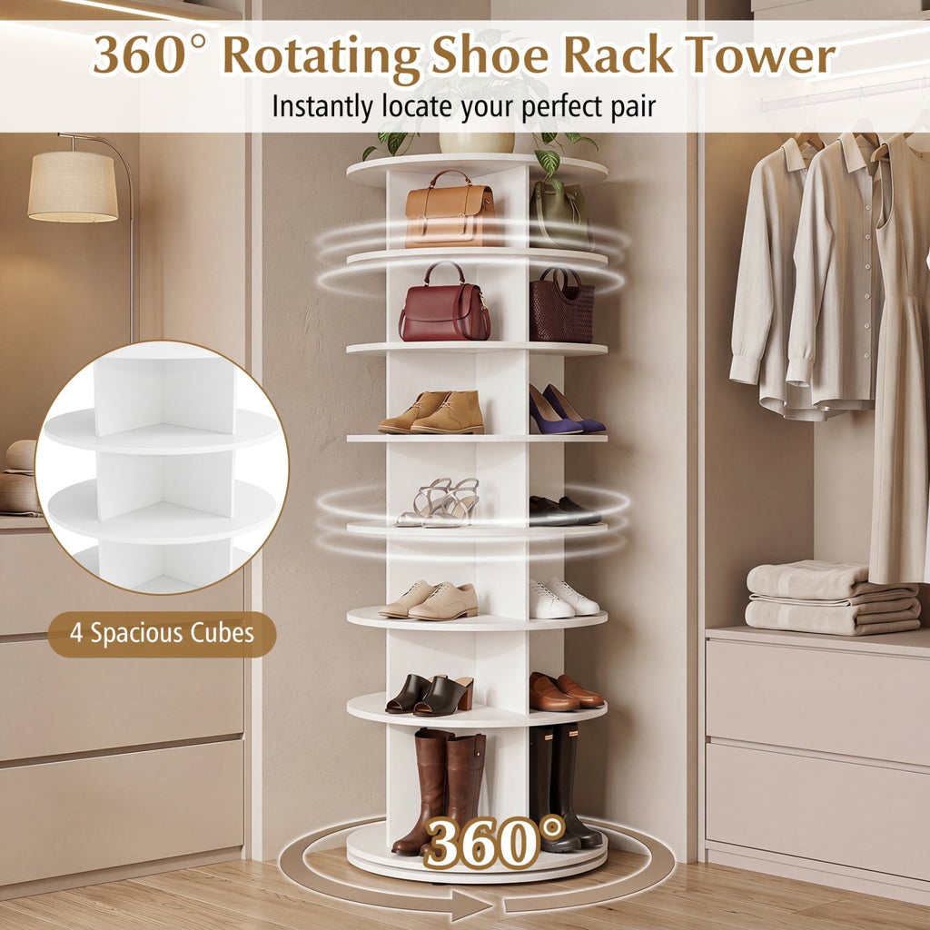 7-Tier Rotating Shoe Rack Tower with 360° Spin - White