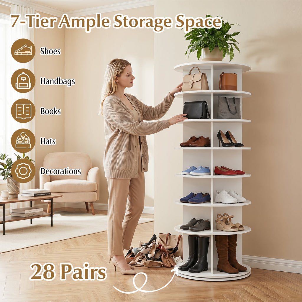7-Tier Rotating Shoe Rack Tower with 360° Spin - White