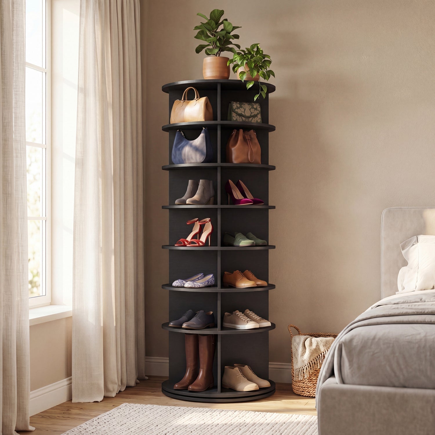 7-Tier Rotating Shoe Rack Tower with 360° Spin - White