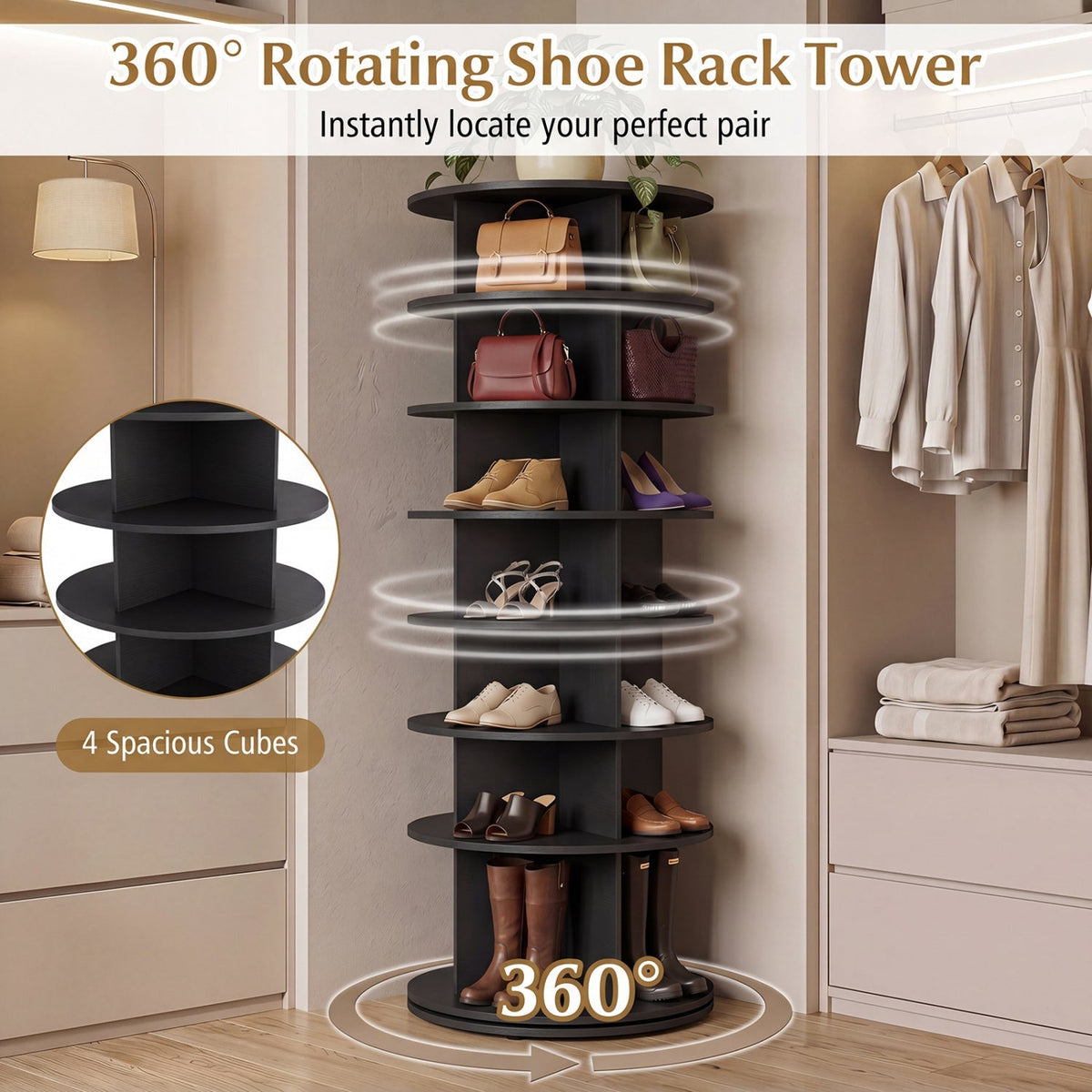 7-Tier Rotating Shoe Rack Tower with 360° Spin - White