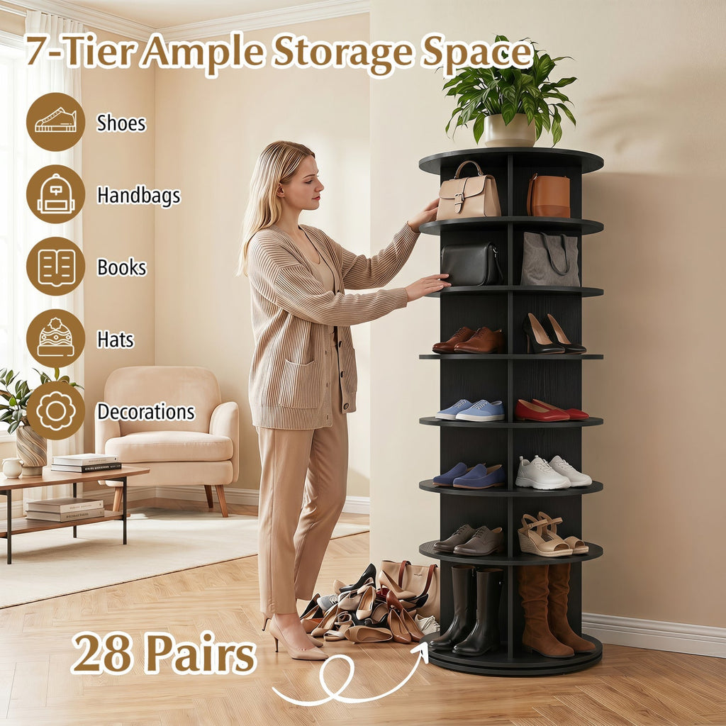 7-Tier Rotating Shoe Rack Tower with 360° Spin - White