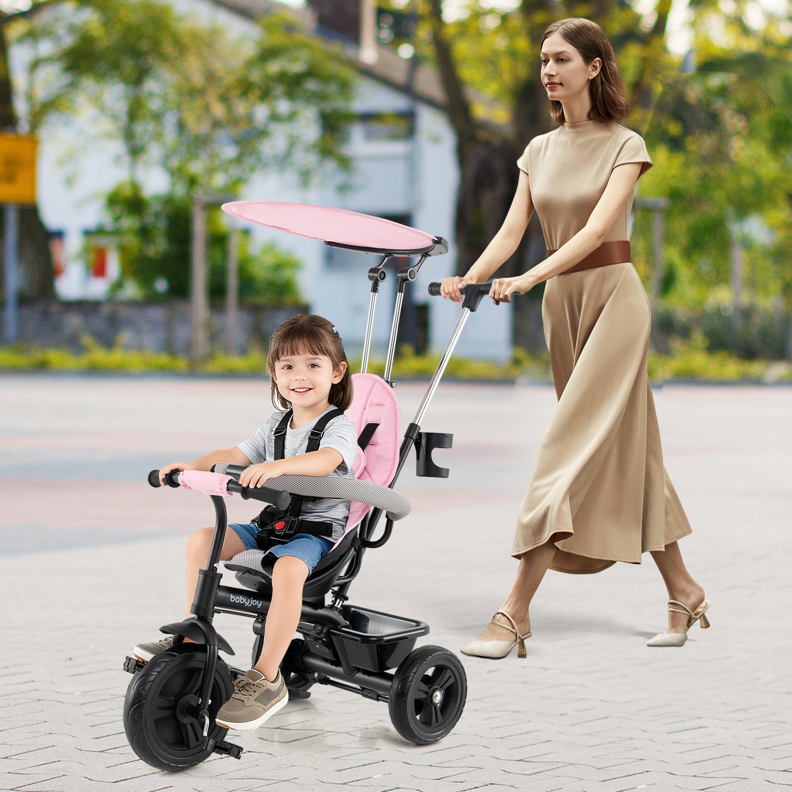 7-in-1 Baby Stroller Tricycle with Adjustable Canopy and Foldable Footrests for Ages 9-60 Months Old