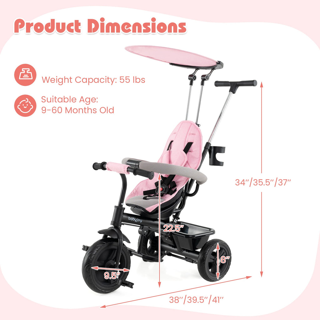7-in-1 Baby Stroller Tricycle with Adjustable Canopy and Foldable Footrests for Ages 9-60 Months Old