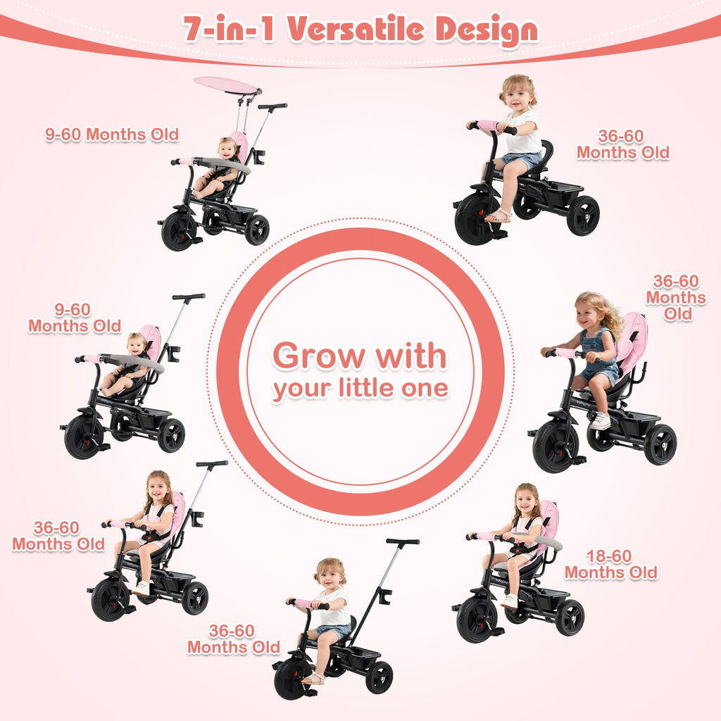 7-in-1 Baby Stroller Tricycle with Adjustable Canopy and Foldable Footrests for Ages 9-60 Months Old