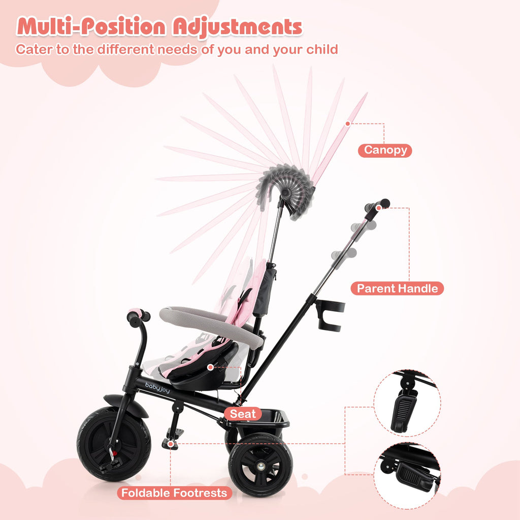 7-in-1 Baby Stroller Tricycle with Adjustable Canopy and Foldable Footrests for Ages 9-60 Months Old