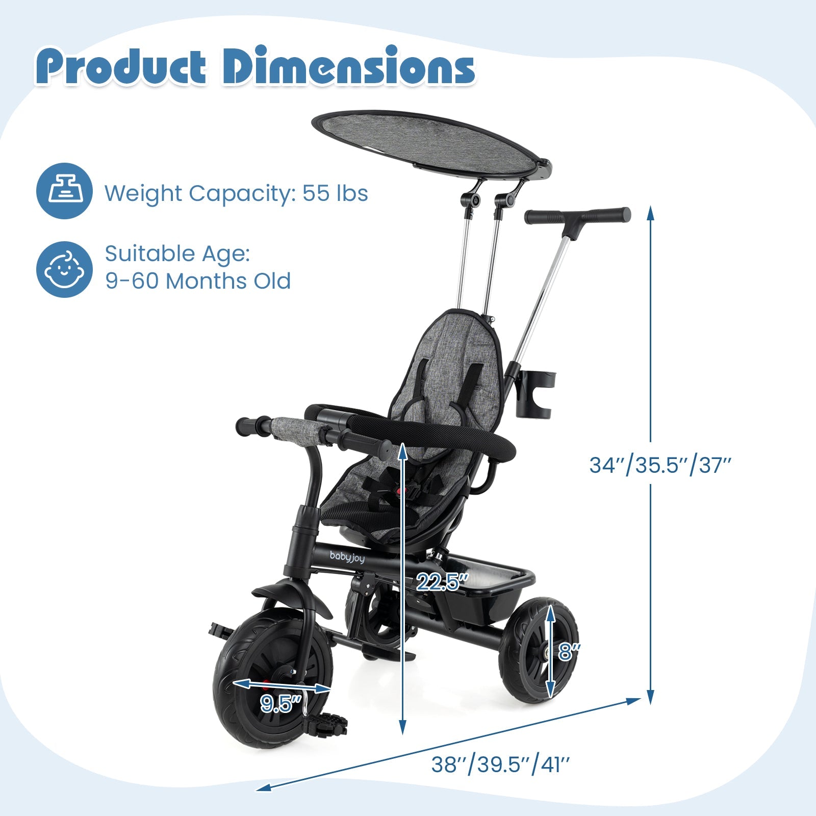 7-in-1 Baby Stroller Tricycle with Adjustable Canopy and Foldable Footrests for Ages 9-60 Months Old