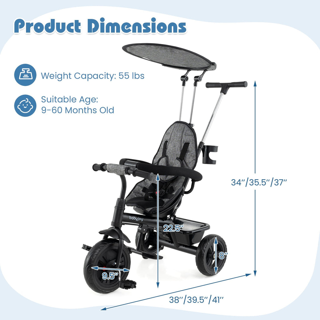 7-in-1 Baby Stroller Tricycle with Adjustable Canopy and Foldable Footrests for Ages 9-60 Months Old