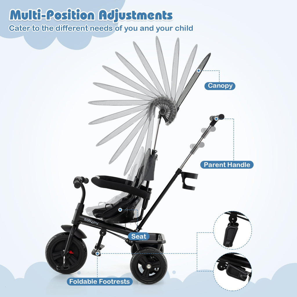 7-in-1 Baby Stroller Tricycle with Adjustable Canopy and Foldable Footrests for Ages 9-60 Months Old