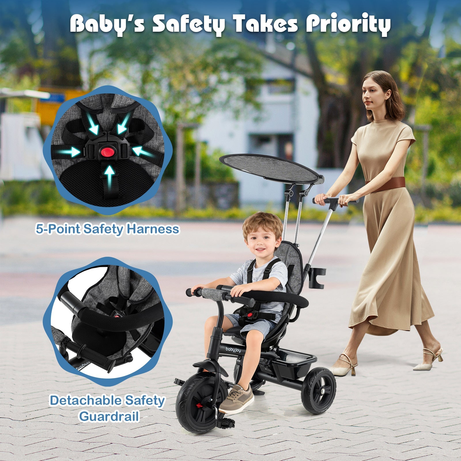7-in-1 Baby Stroller Tricycle with Adjustable Canopy and Foldable Footrests for Ages 9-60 Months Old