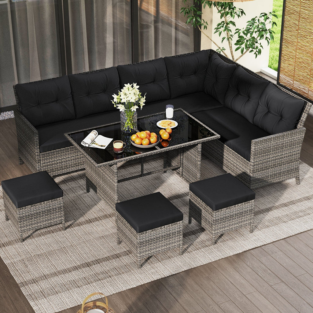 7 Pieces Patio Dining Furniture Set with Soft Cushions and Ottomans