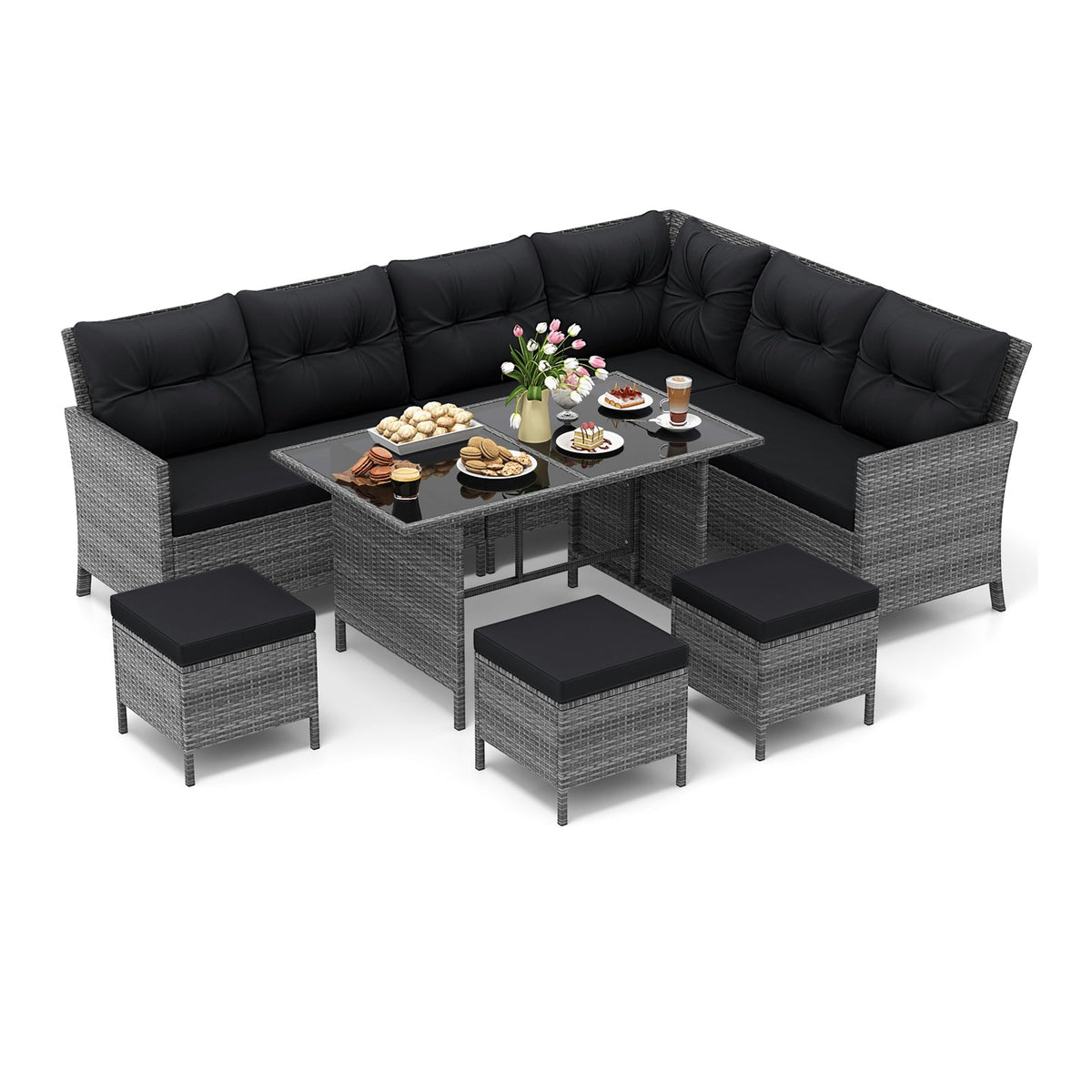 7 Pieces Patio Dining Furniture Set with Soft Cushions and Ottomans