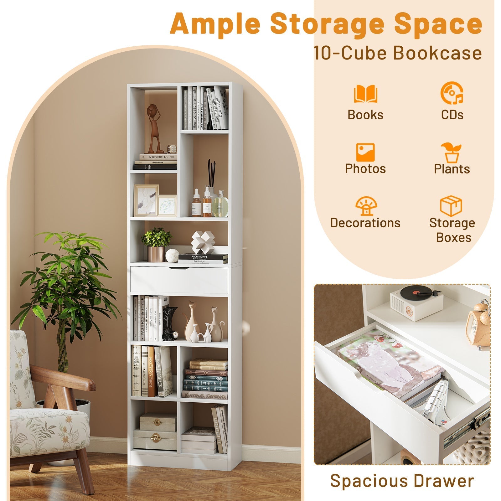 7-tier Bookshelf with Drawer 180cm Floor Standing Display Rack Storage Shelf-White
