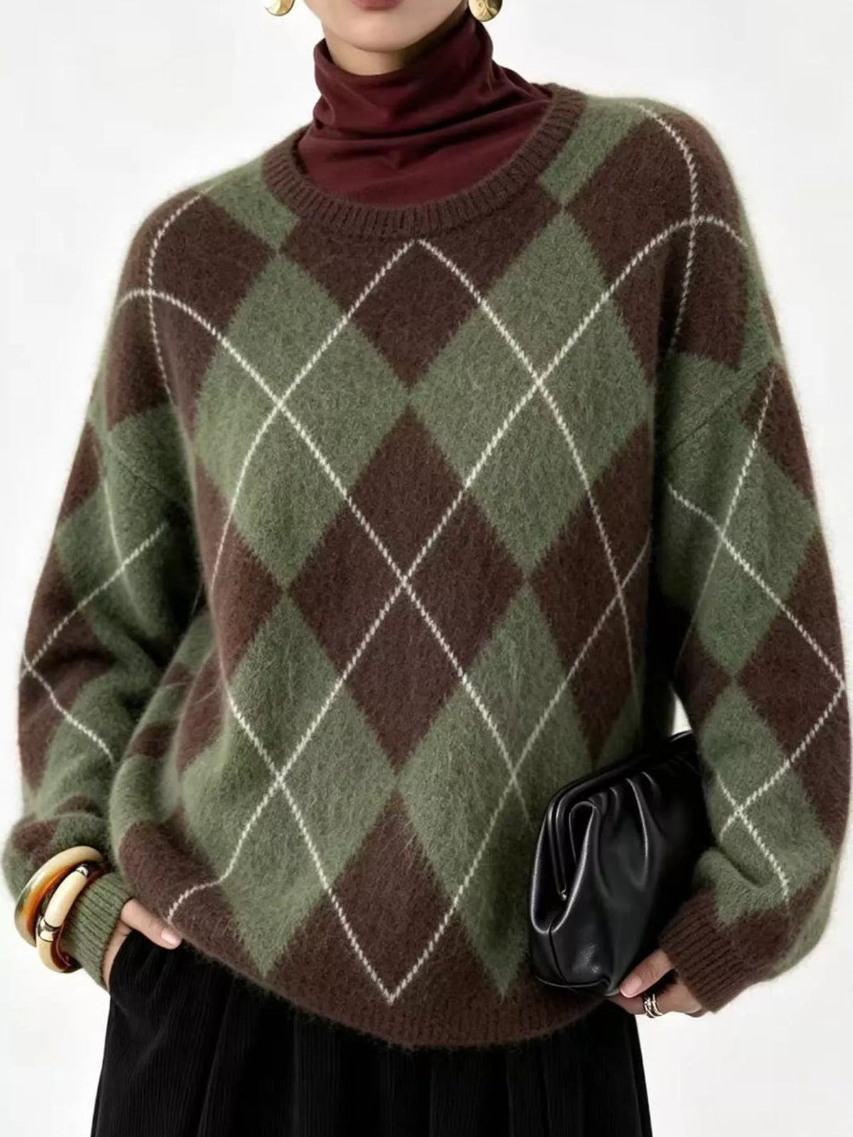 Argyle Pattern Fuzzy Knit Sweater