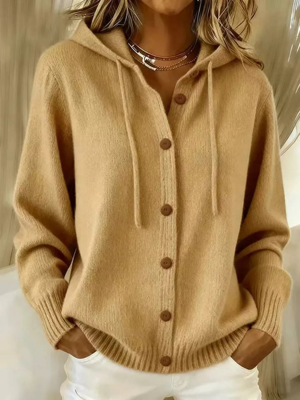 Full Size Hooded Button-Down Knit Cardigan Plus Size