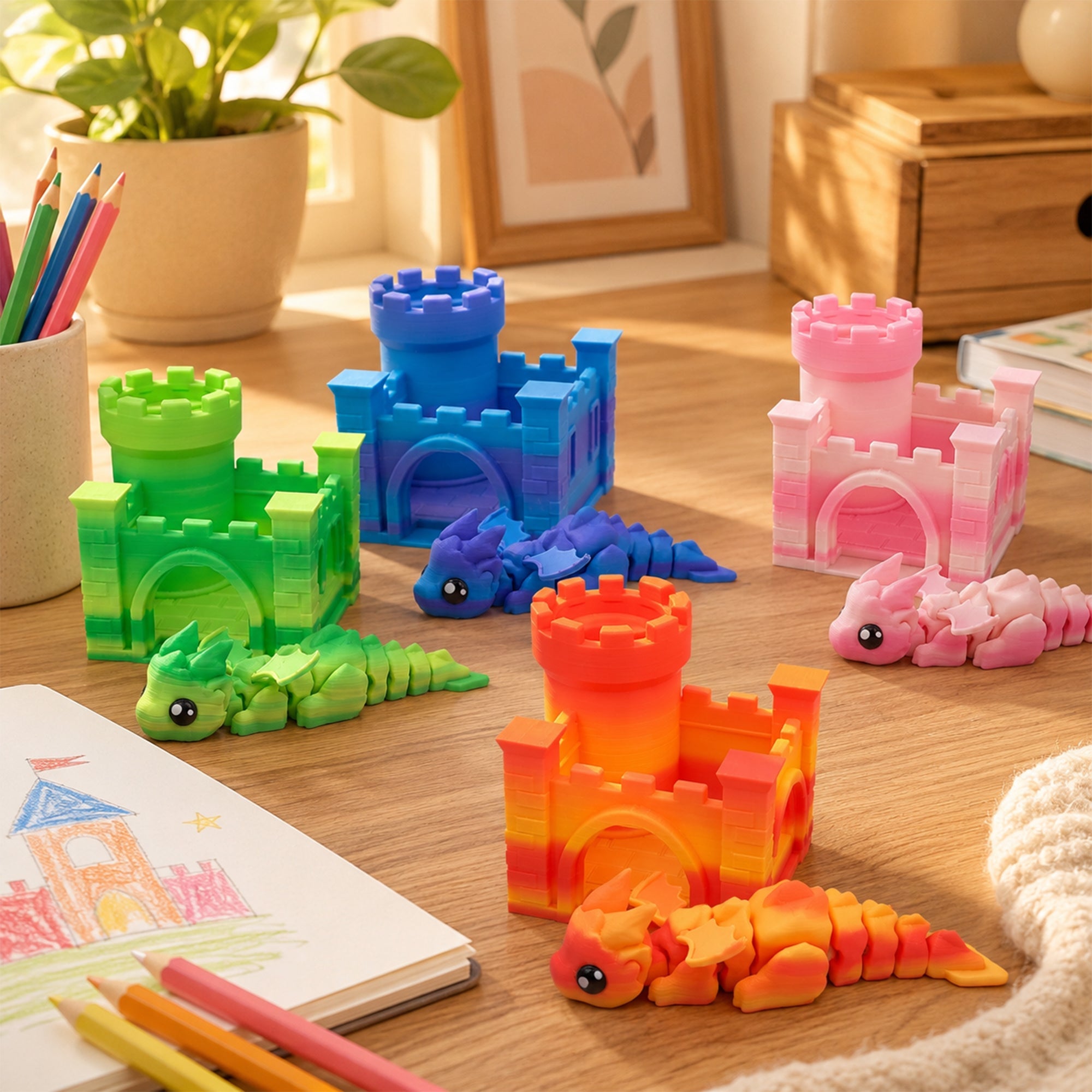 3D Printed Articulated Dragon And Castle Set, Cute Movable Flying Dragon Figure With Mini Castle, Desk Decor Fidget Toy Gift For Kids And Adults