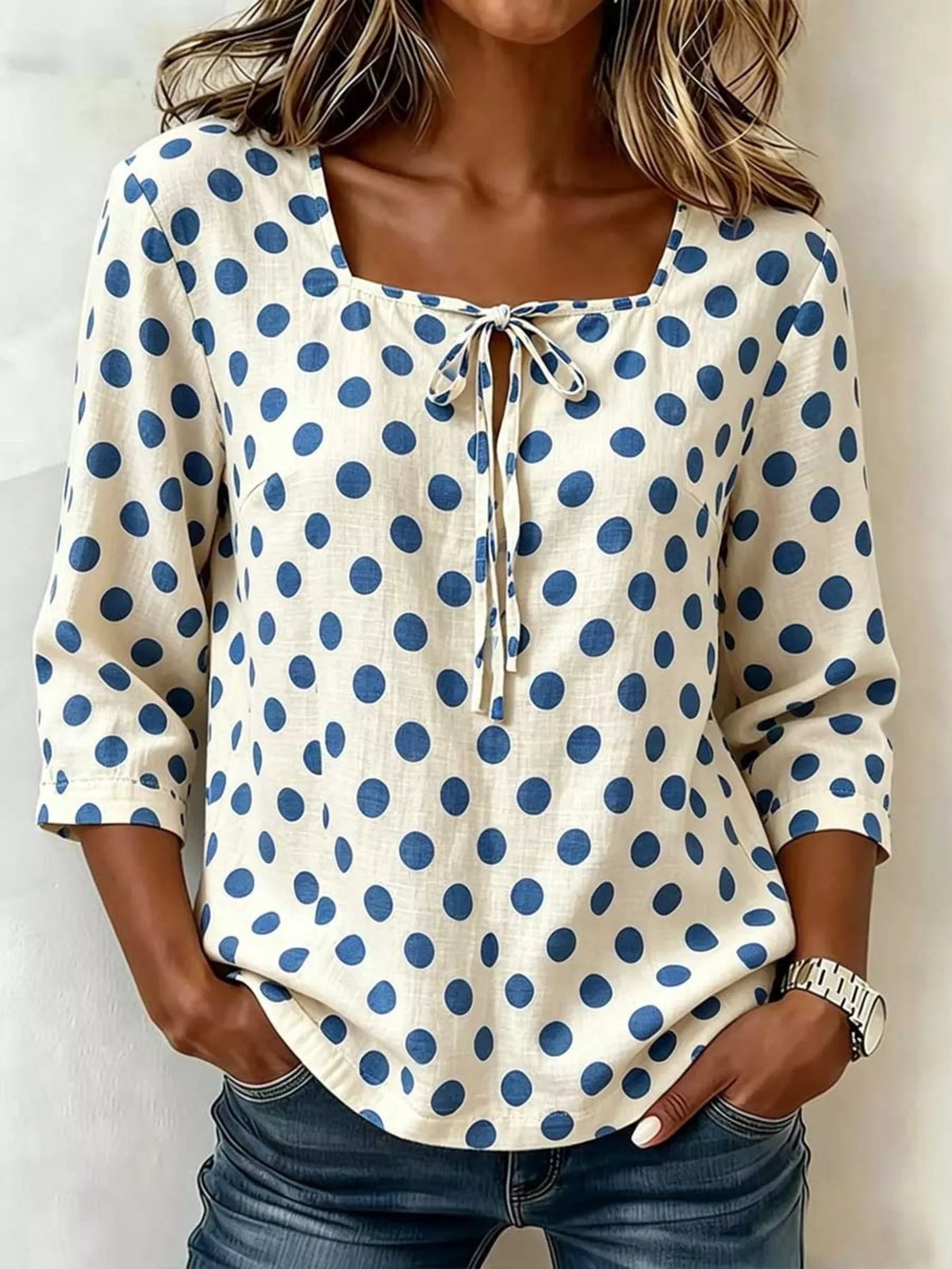 Full Size Square Neck Polka Dot Blouse Plus Size