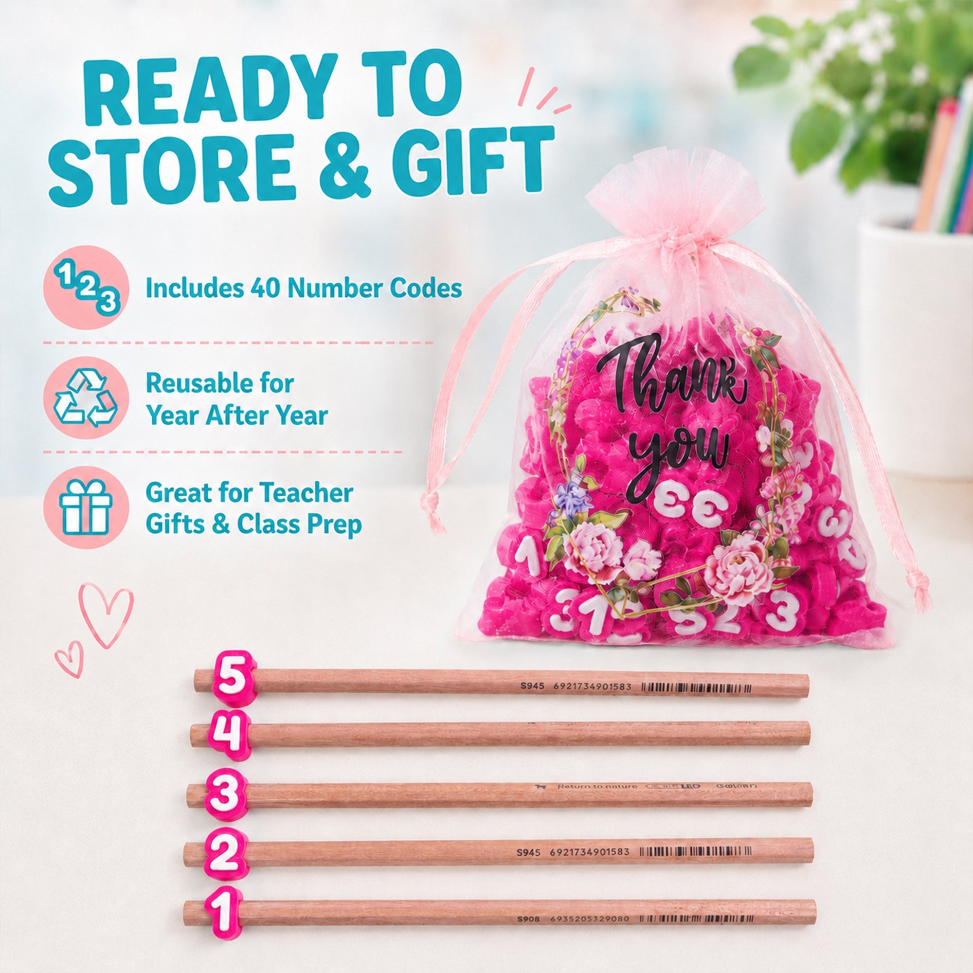40PCS Numbered Pencil Toppers, 1-40 Reusable 3D Printed Pencil Number Caps, Side-Entry Pencil Labels For Classroom Organization, Teachers, Students & Homeschool