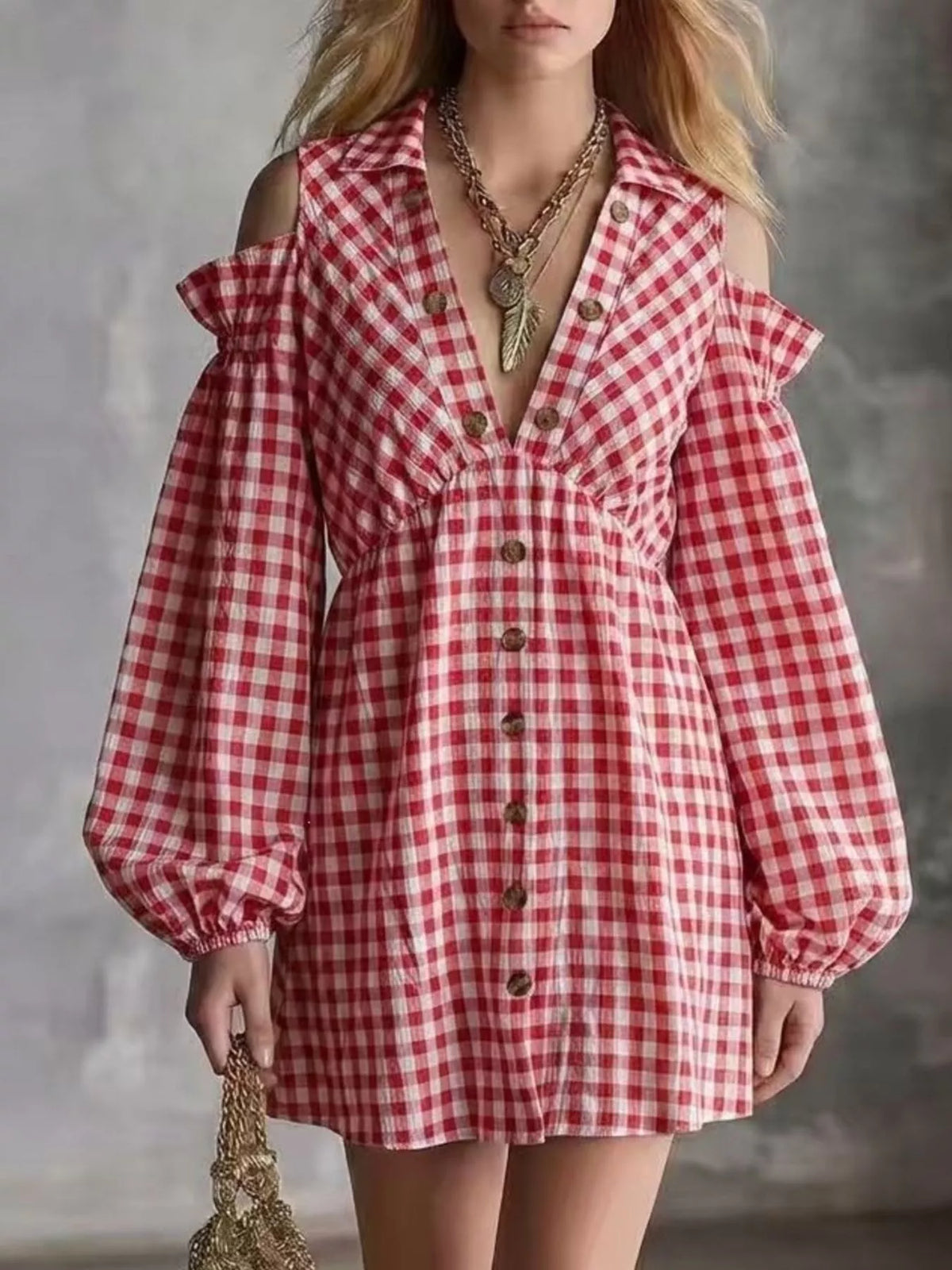 Gingham Cold-Shoulder Mini Dress