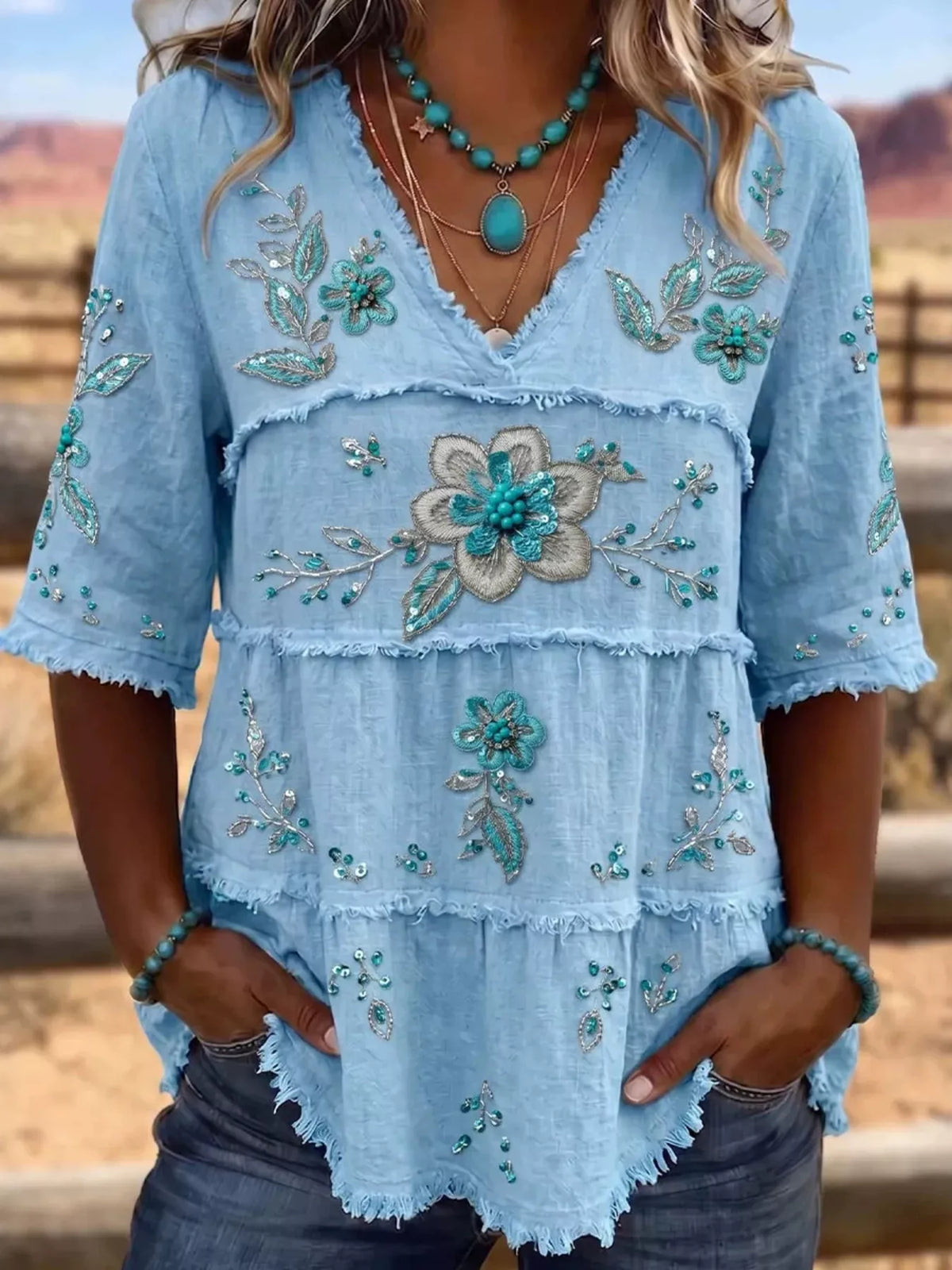 Full Size Floral Raw Hem V-Neck Blouse Plus Size