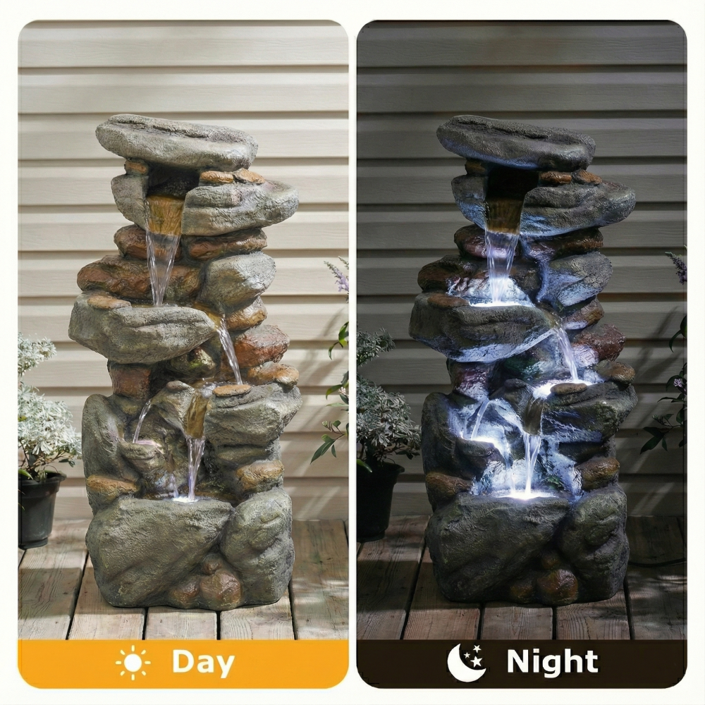 30" Large Outdoor Stone Fountain with LED Lights | Cascading Waterfall Fiberglass Resin Garden Fountain for Patio, Yard & Entryway
