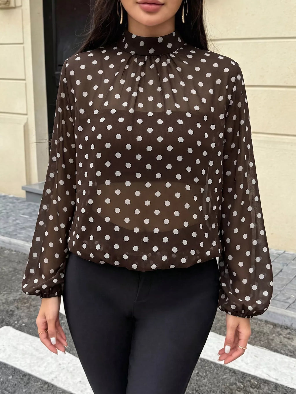 Polka Dot Mock Neck Long Sleeve Blouse
